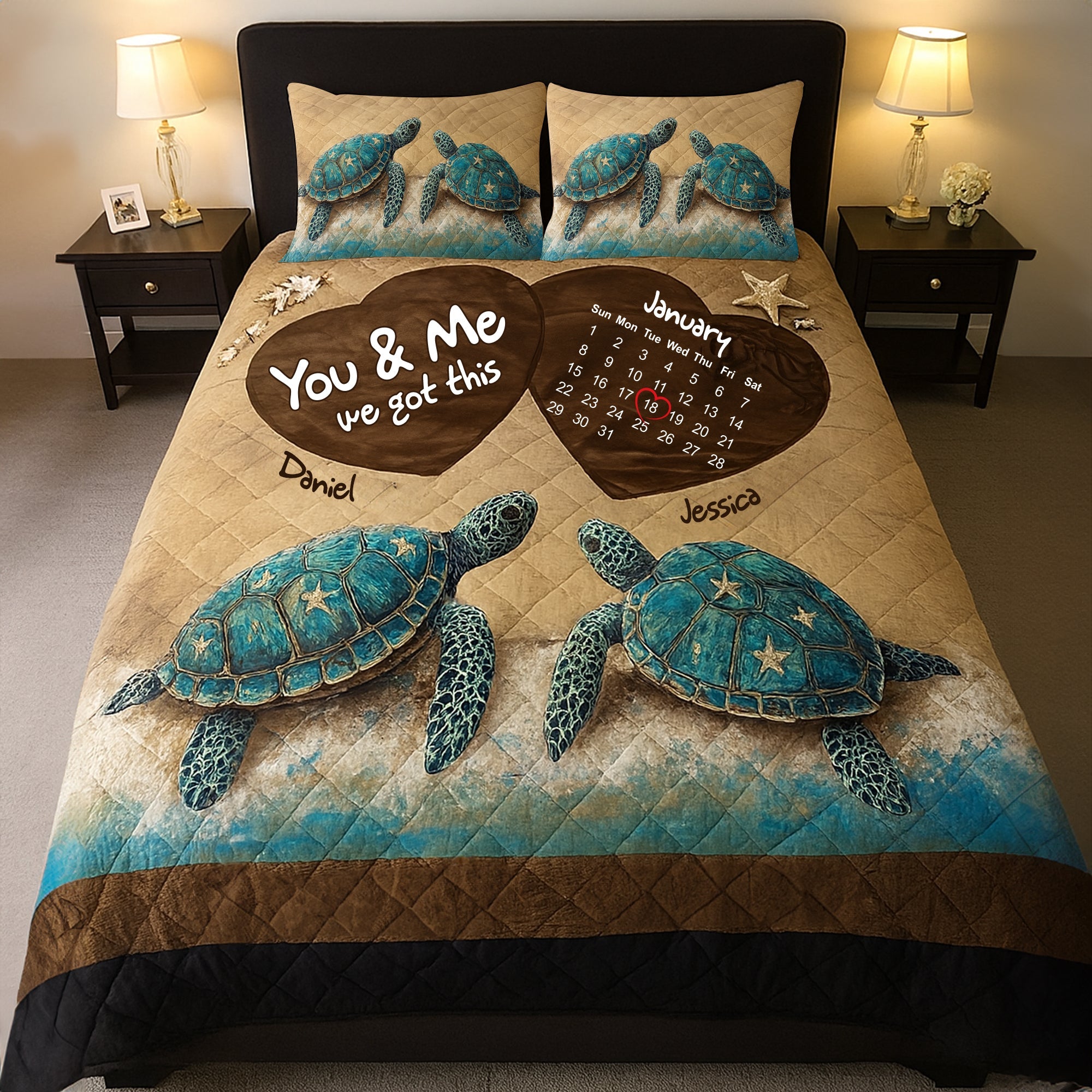 You & Me, We Got This - Beachy Sea Turtle Quilt Bed Set | Personalized Anniversary Gift for Couples Blanket MagicInPrints