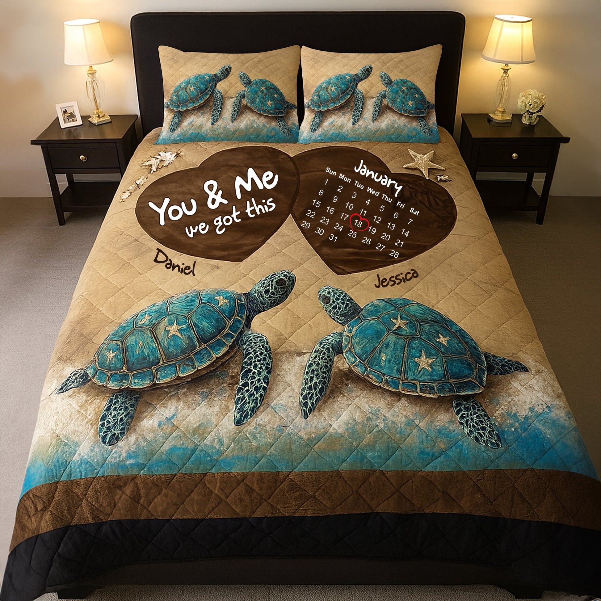 You & Me, We Got This - Beachy Sea Turtle Quilt Bed Set | Personalized Anniversary Gift for Couples Blanket MagicInPrints