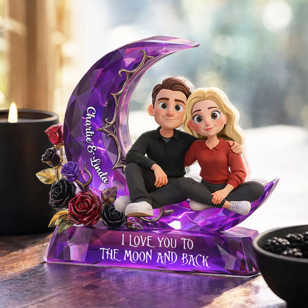 Personalized Romantic Couple Figurine with Moon and Roses - Anniversary Gift Plaque MagicInPrints