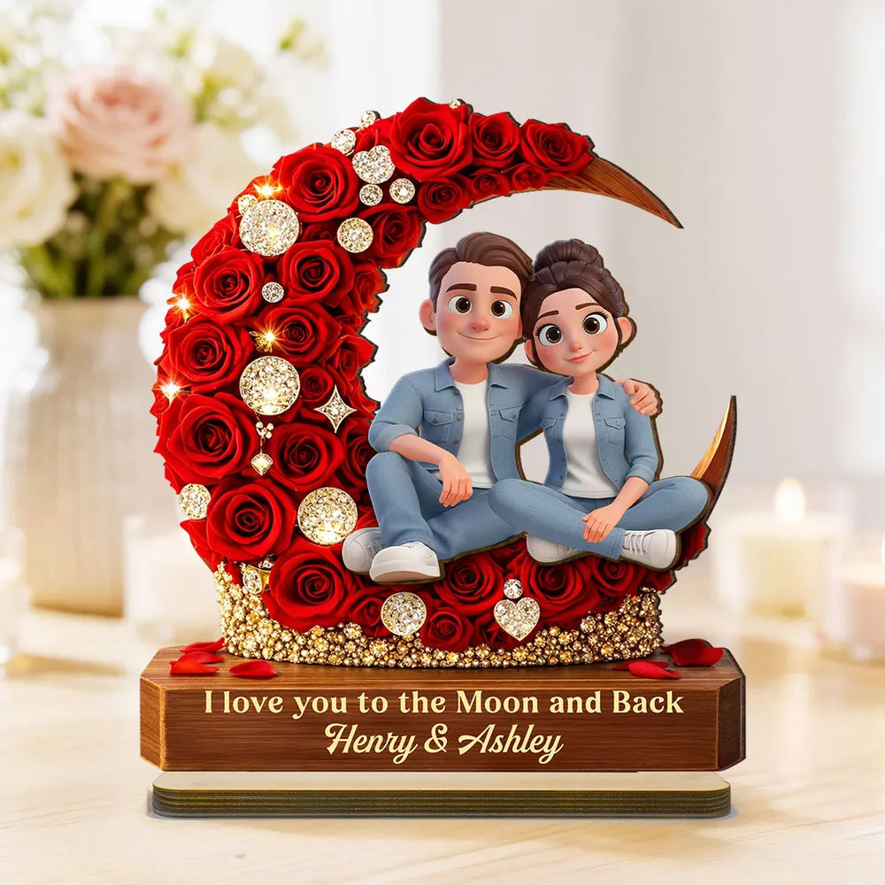 Personalized Romantic Couple Figurine with Red Rose Moon - Anniversary Gift Plaque MagicInPrints