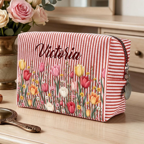 Personalized Stripes Makeup Bag with Tulips Gift for Friends