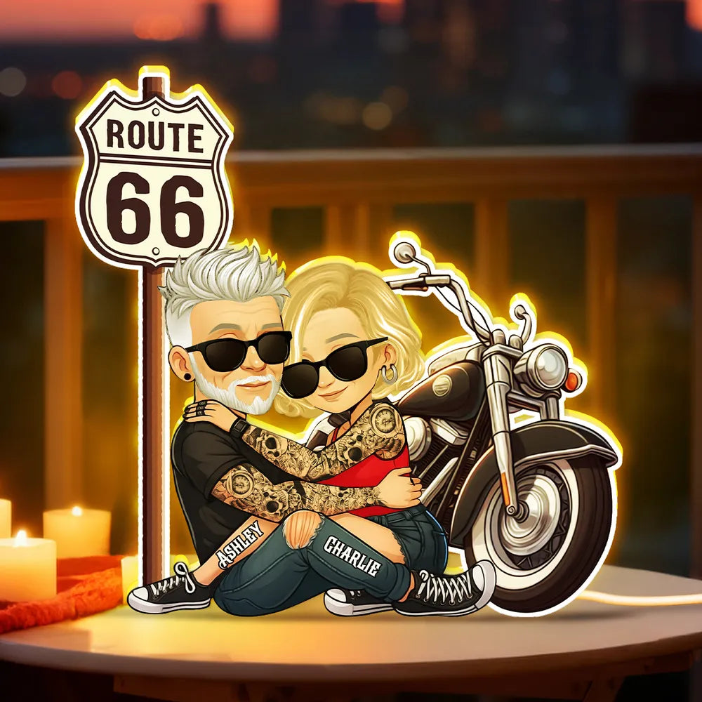 Customized Couple Cartoon Art for Bikers - Route 66 Adventure Gift Plaque MagicInPrints