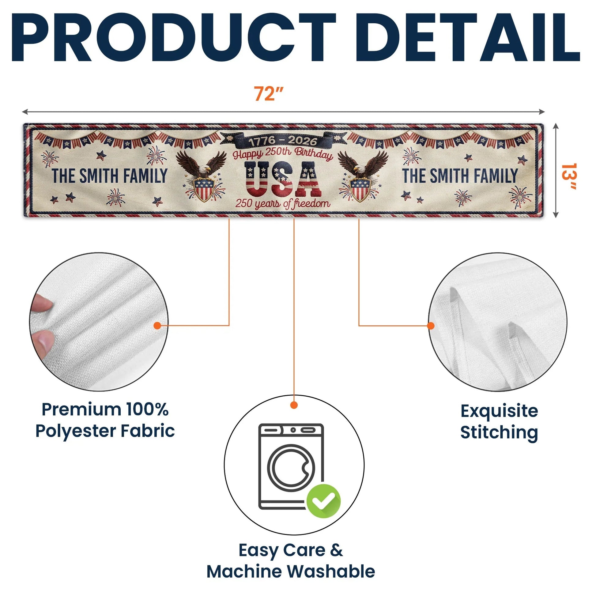Personalized Patriotic Table Runner for Families - USA 250th Birthday Celebration Kitchen Supplies MagicInPrints