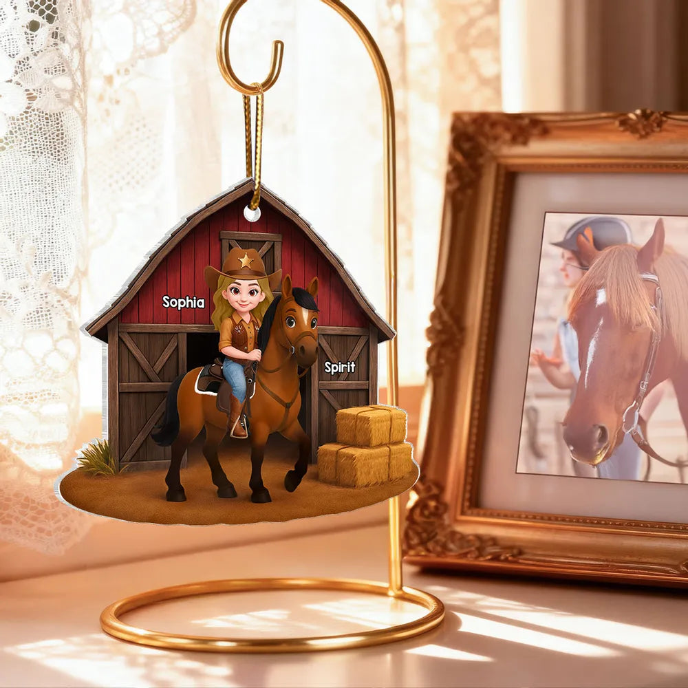 Personalized Horse Riding Ornament for Kids - Custom Name Barn Scene Ornament MagicInPrints