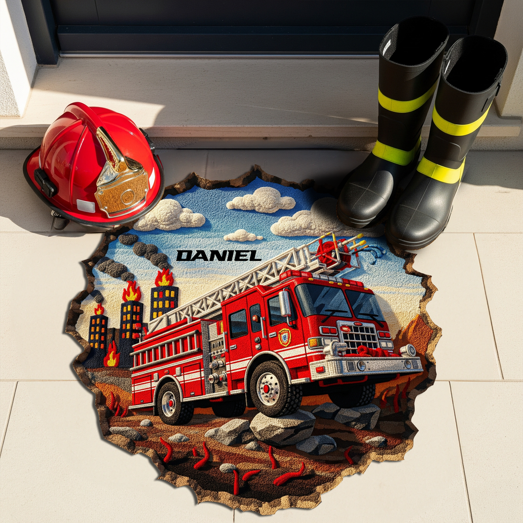 “Brave and Bold” - Personalized Rescue Hero Firetruck Doormat - Custom Gift for Firefighters, Heroes, and Homeowners Doormat MagicInPrints