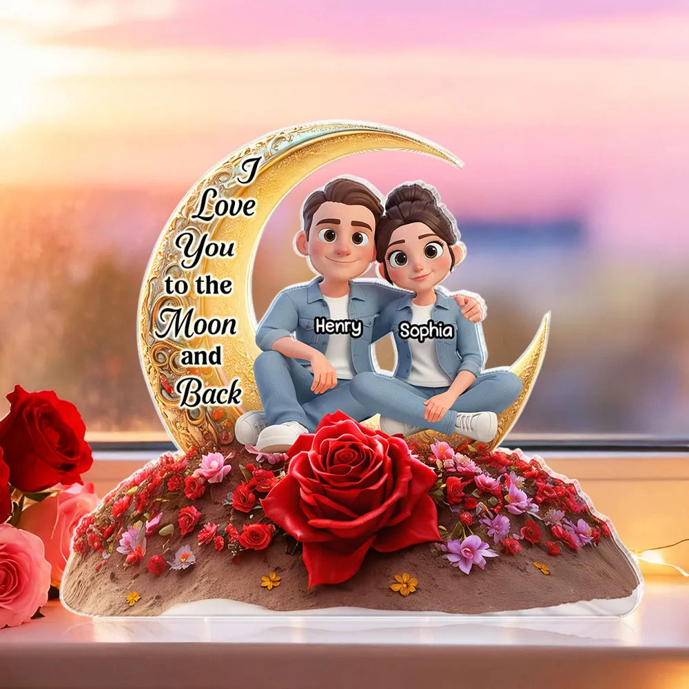 Personalized Couple Figurine with Moon and Rose - Romantic Gift for Loved Ones Plaque MagicInPrints