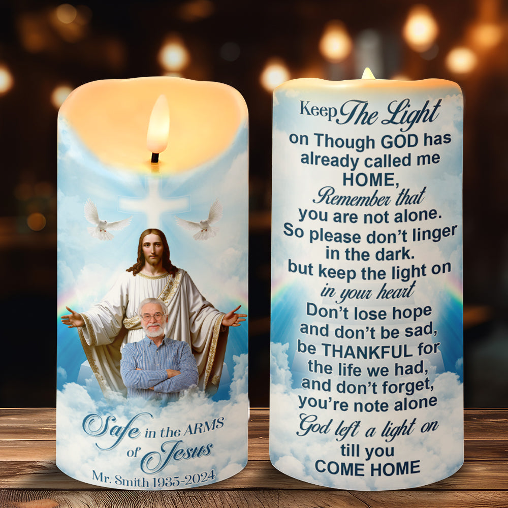 Personalized Safe In The Arms Of Jesus Candle - Custom Photo Memorial Gift Led Candle PopCulturePrints