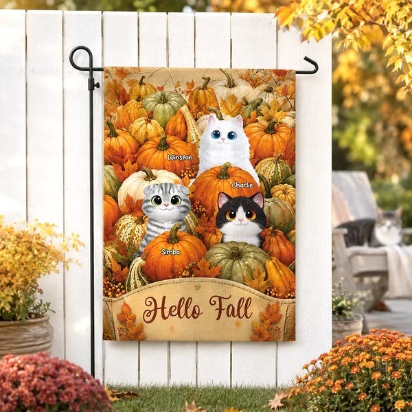 Personalized Fall Garden Flag with Cats in Pumpkin Patch Gift for Cat Lovers