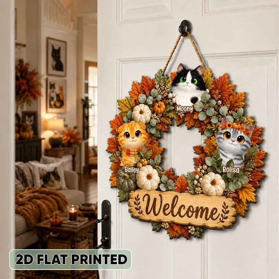 Personalized Wooden Welcome Sign with Cats for Pet Owners