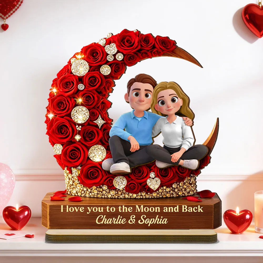 Personalized Romantic Couple Figurine with Red Rose Moon - Anniversary Gift Plaque MagicInPrints