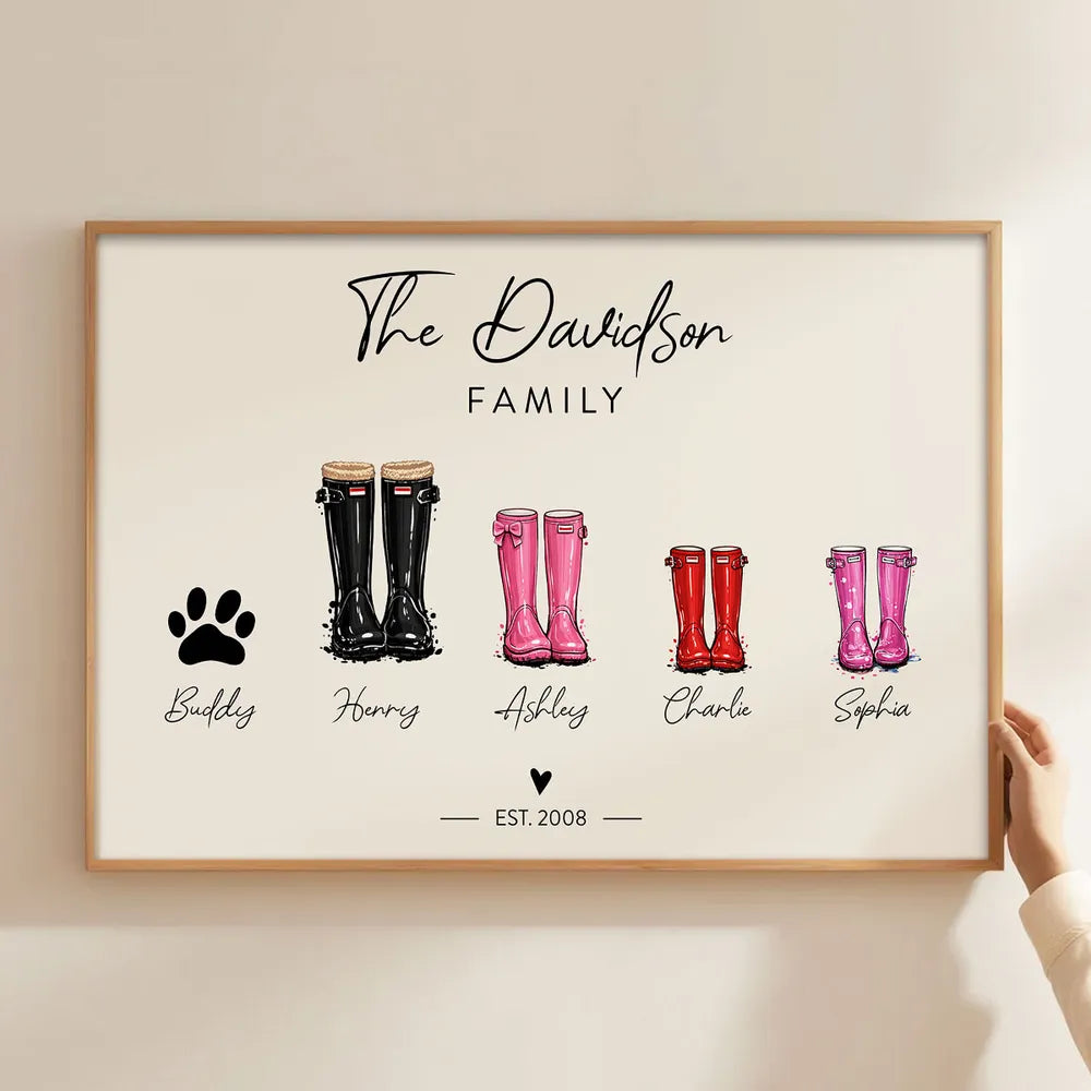 Personalized Family Boots Print for Home Decor - Custom Names and Dates Poster or Canvas MagicInPrints