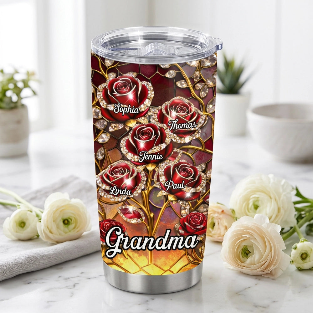 Personalized Tumbler for Grandma with Custom Names and Purple Roses - Thoughtful Gift Cup MagicInPrints