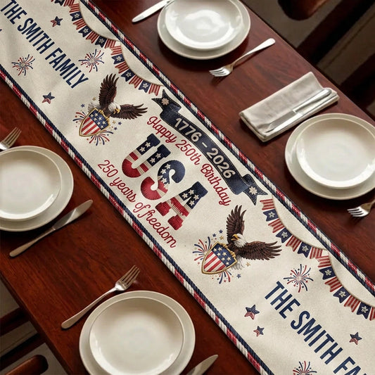 Personalized Patriotic Table Runner for Families - USA 250th Birthday Celebration Kitchen Supplies MagicInPrints