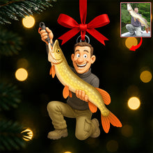 Load image into Gallery viewer, “Catch the Holiday Spirit!” – Funny Caricature Christmas Ornament, Custom Personalized Gift for Fishing Lovers Ornament MagicInPrints
