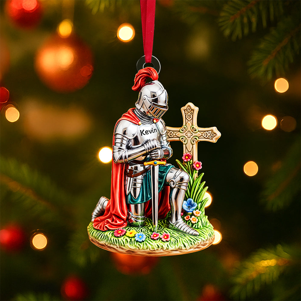 "Noble Path of Faith - Personalized Kneeing Knight Ornament" - Custom Gifts for Christians, Perfect for Any Occasion Ornament PopCulturePrints