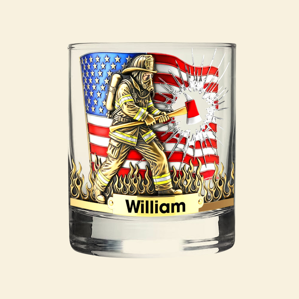 Courage in Every Sip – Personalized Patriotic Firefighter Drinking Glass – Ideal Gift for Firefighters, Veterans, and First Responders Whiskey Glass PopCulturePrints