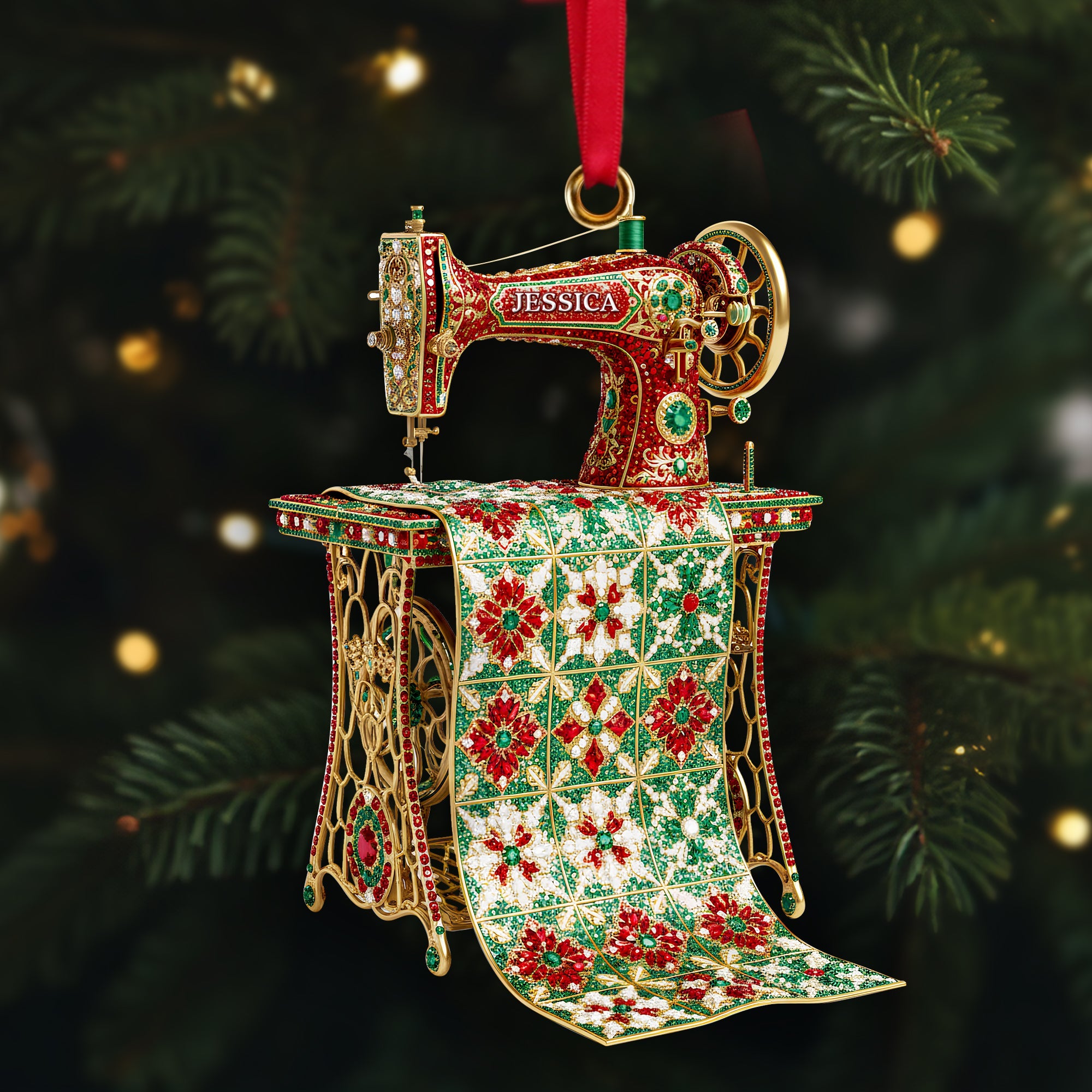 "Stitching Joy This Christmas" - Personalized Sparkle Sewing Machine Ornament - Custom Gift for Sewing Enthusiasts Ornament MagicInPrints