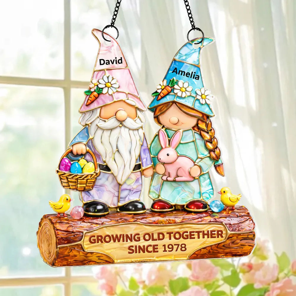 Personalized Gnome Couple Stained Glass Ornament for Couples - Anniversary Gift Ornament MagicInPrints