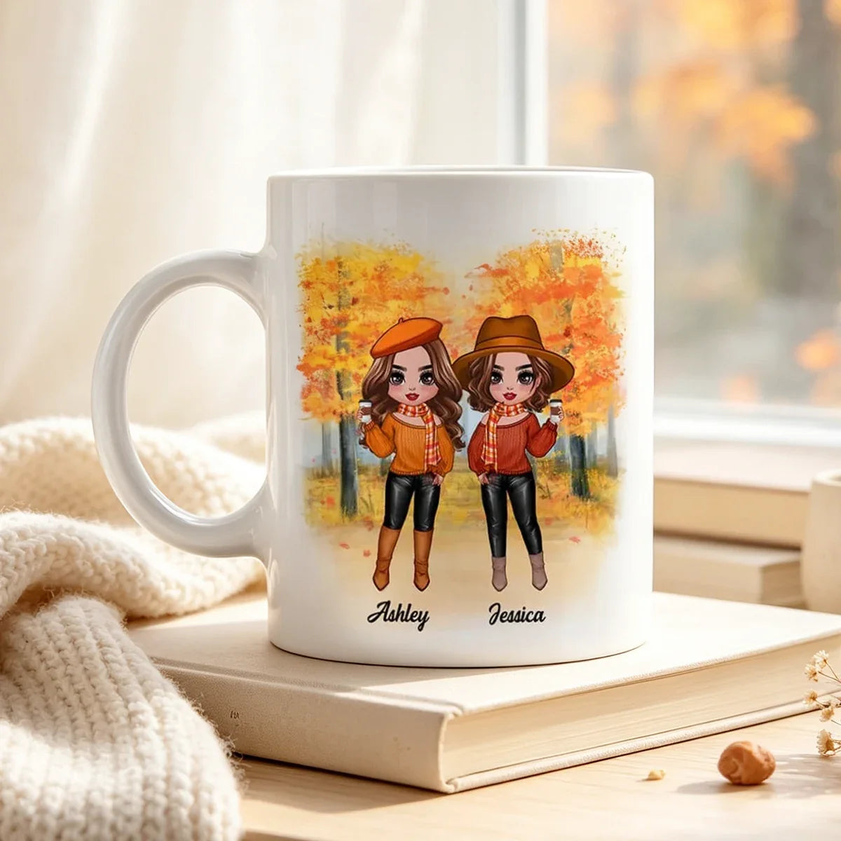 Personalized Cartoon Sister Mug Gift for Women, White Ceramic