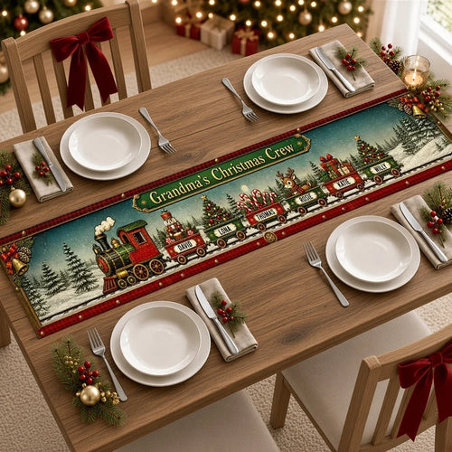 Personalized Christmas Table Runner Vintage Train Snowy Scene Gift for Grandma