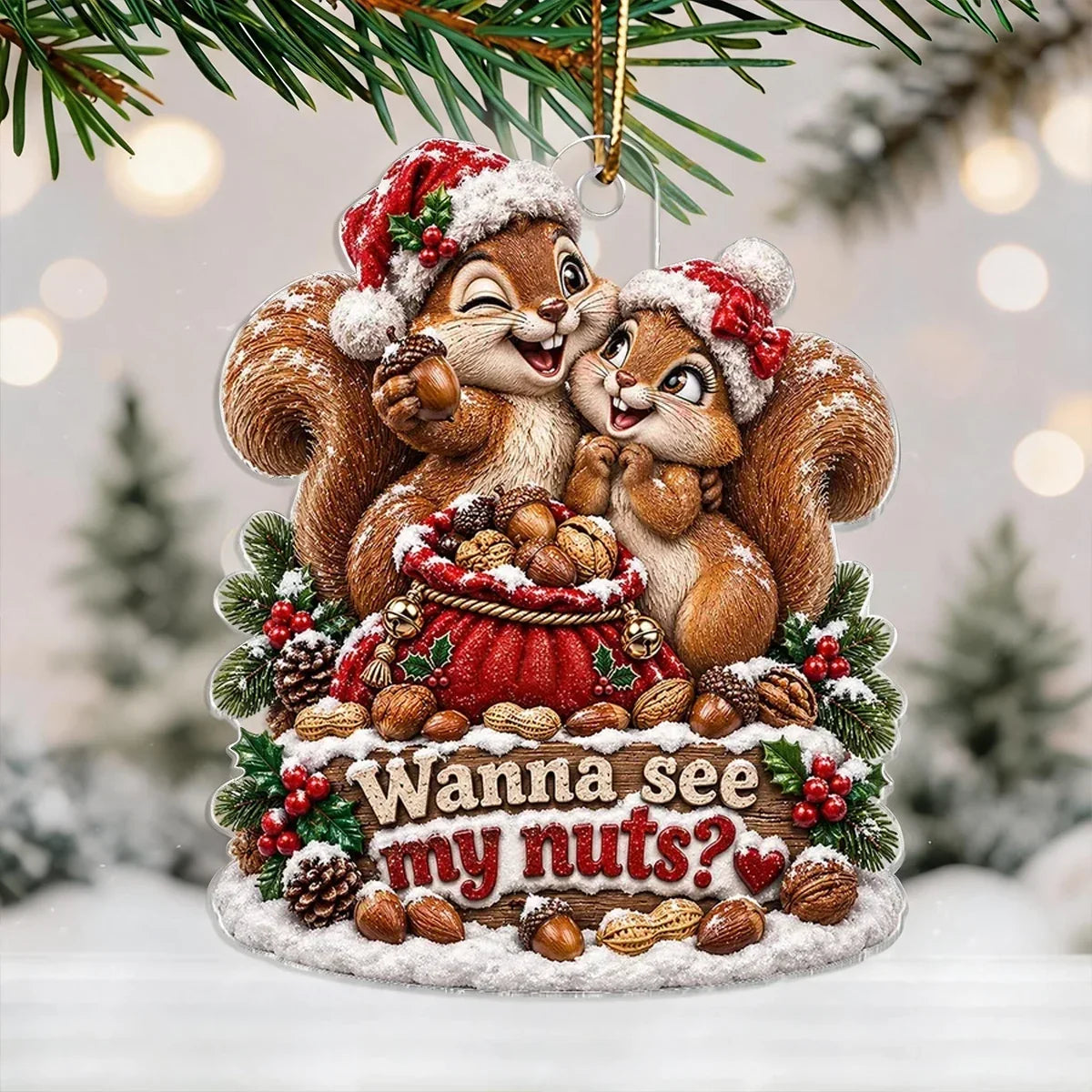 Personalized Acrylic Holiday Ornament Cuddling Squirrels Gift for Couples