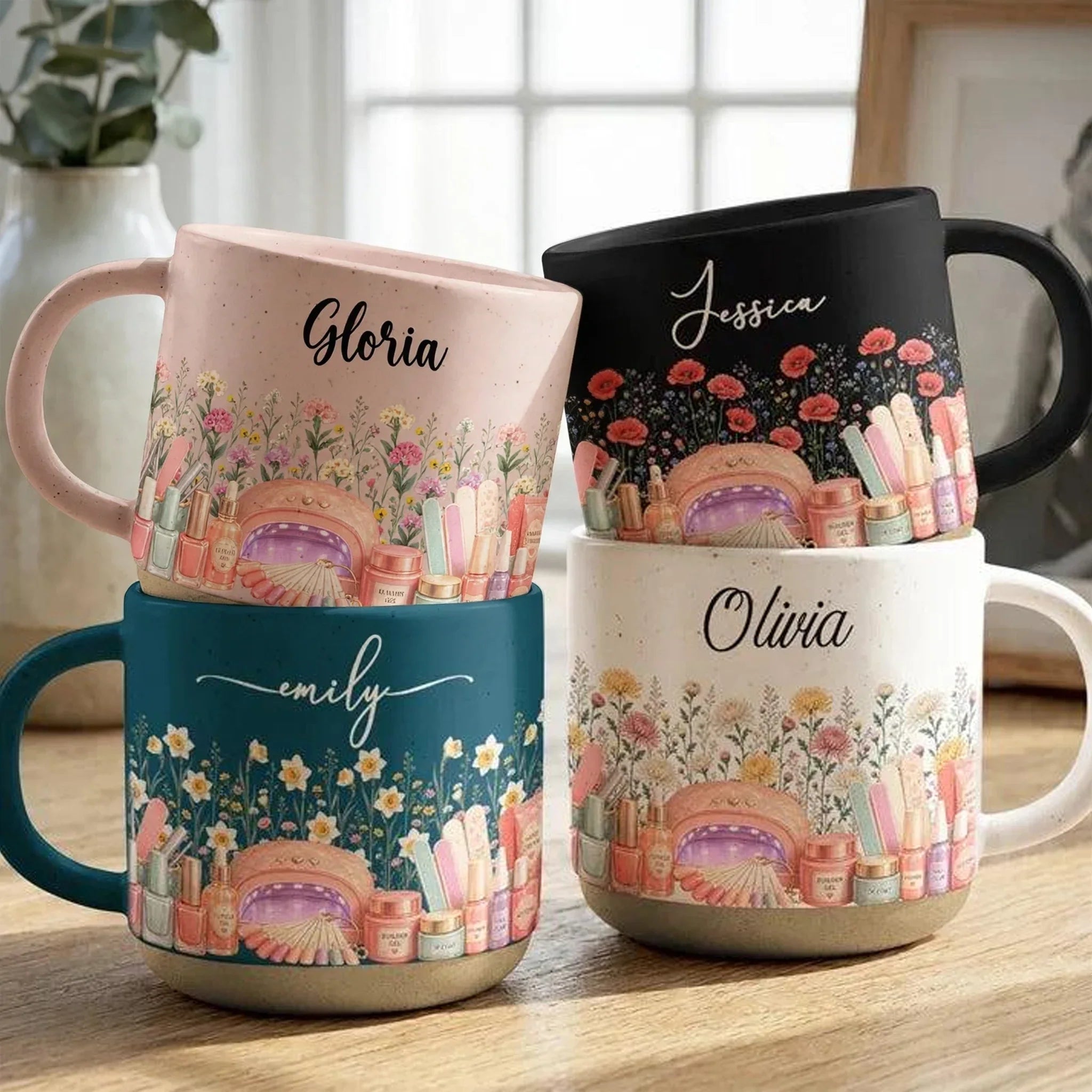 Personalized Wildflower Pottery Mug Unique Gift for Nail Tech