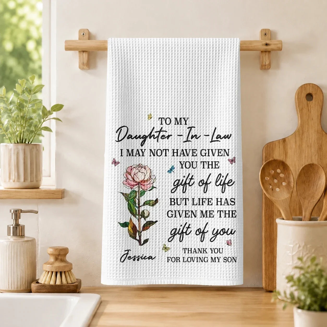 Personalized Kitchen Towel with Vintage Rose Quote Gift for Daughter-in-Law