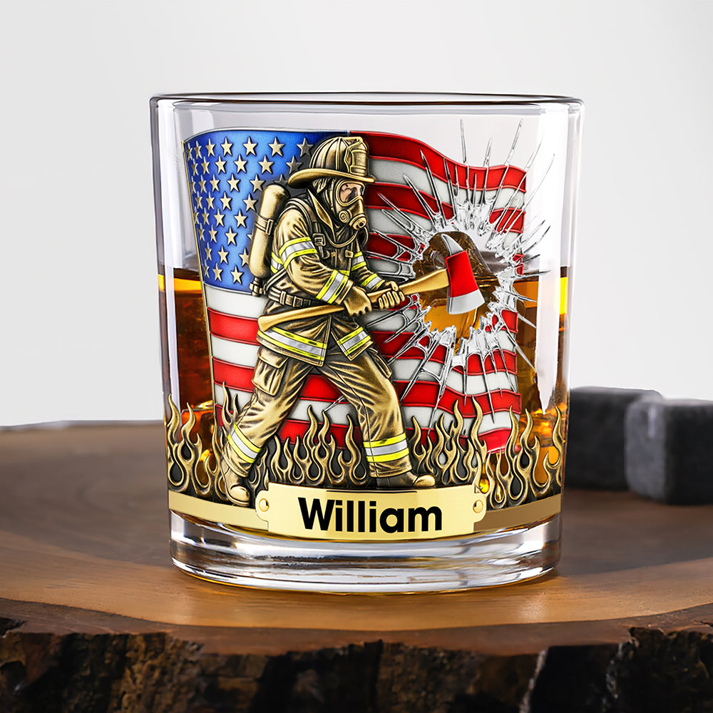 Courage in Every Sip – Personalized Patriotic Firefighter Drinking Glass – Ideal Gift for Firefighters, Veterans, and First Responders Whiskey Glass PopCulturePrints