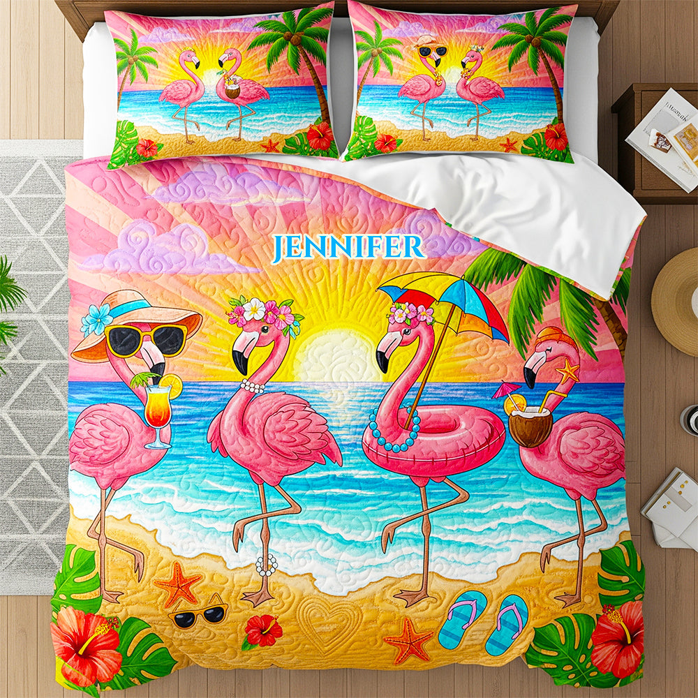 "Savor the Summer Vibes" - Flamingo Summer Quilt Bed Set, Personalized Gift for Flamingo Lovers Blanket MagicInPrints