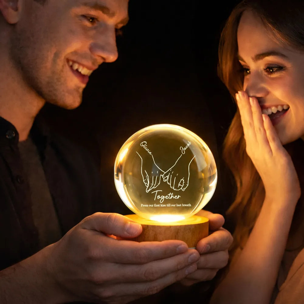 Personalized LED Crystal Ball Lamp for Couples with Hand Holding Design - Romantic Gift Lamp MagicInPrints