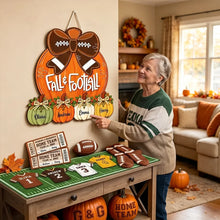 Load image into Gallery viewer, Personalized Fall Wooden Sign with Pumpkins &amp; Football Bow Gift for Family
