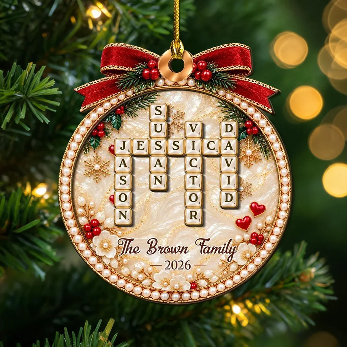 Personalized Family Word Search Ornament Red Gold Unique Gift