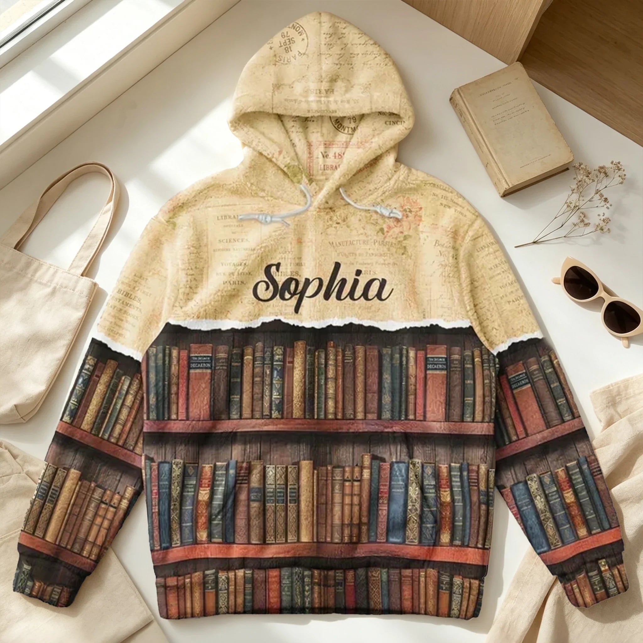 Personalized Youth Flannel Hoodie Vintage Bookshelf Gift for Book Lovers