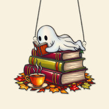 Load image into Gallery viewer, “Books &amp; Ghosts: A Spooky Delight” - Spooky Ghost Suncatcher Ornament, Personalized Gift for Book Lovers Ornament MagicInPrints
