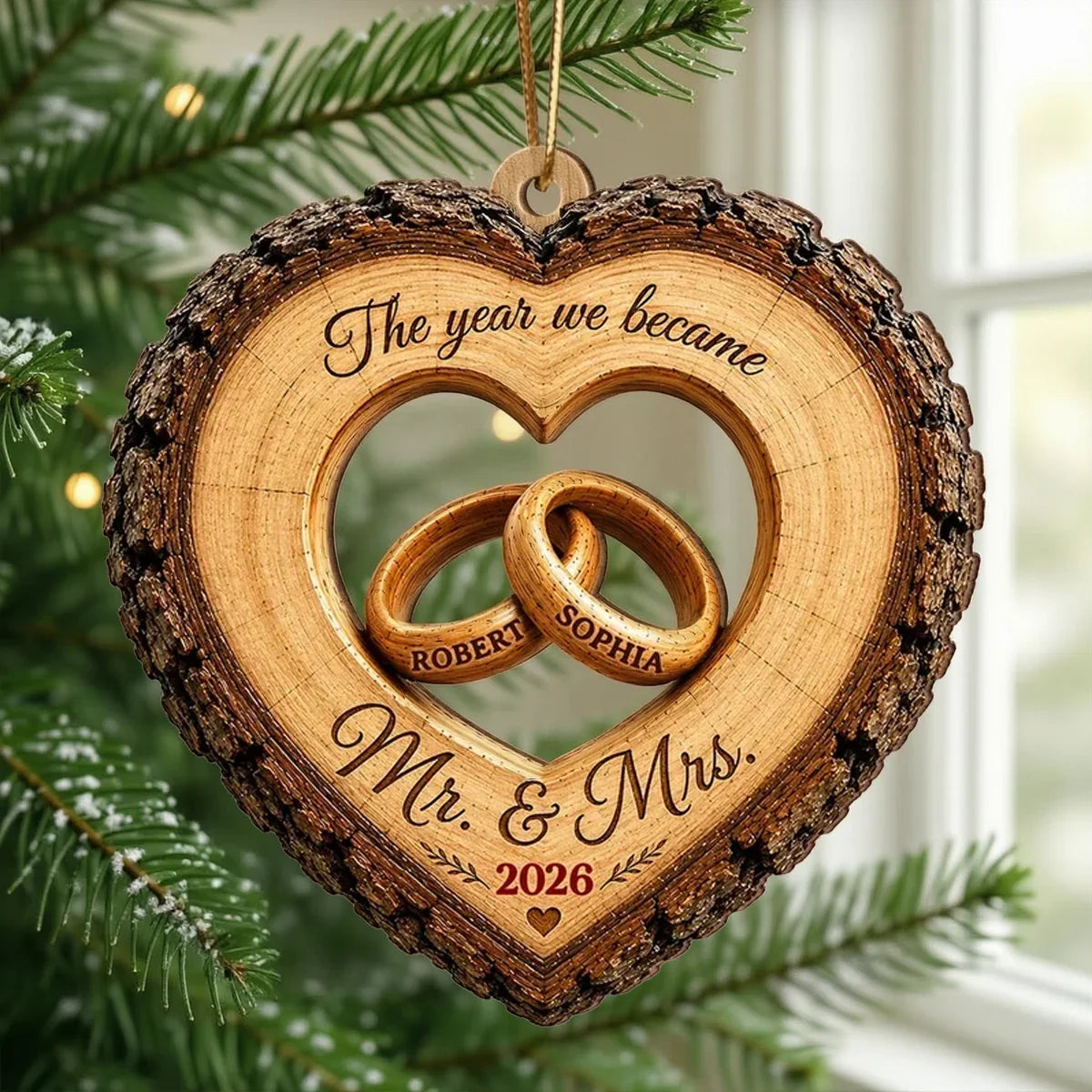 Personalized Wooden Ornament Intertwined Rings Couple Gift