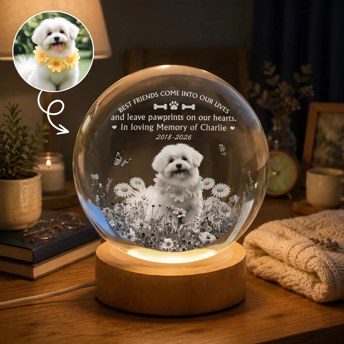 Personalized Dog Memorial Globe Lamp with Flowers Gift for Pet Owners