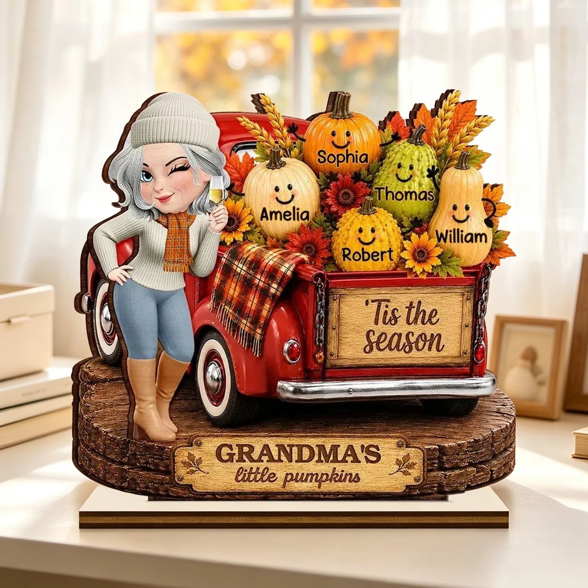 Personalized Wooden Plaque for Grandma with Red Truck & Pumpkins - Unique Fall Gift