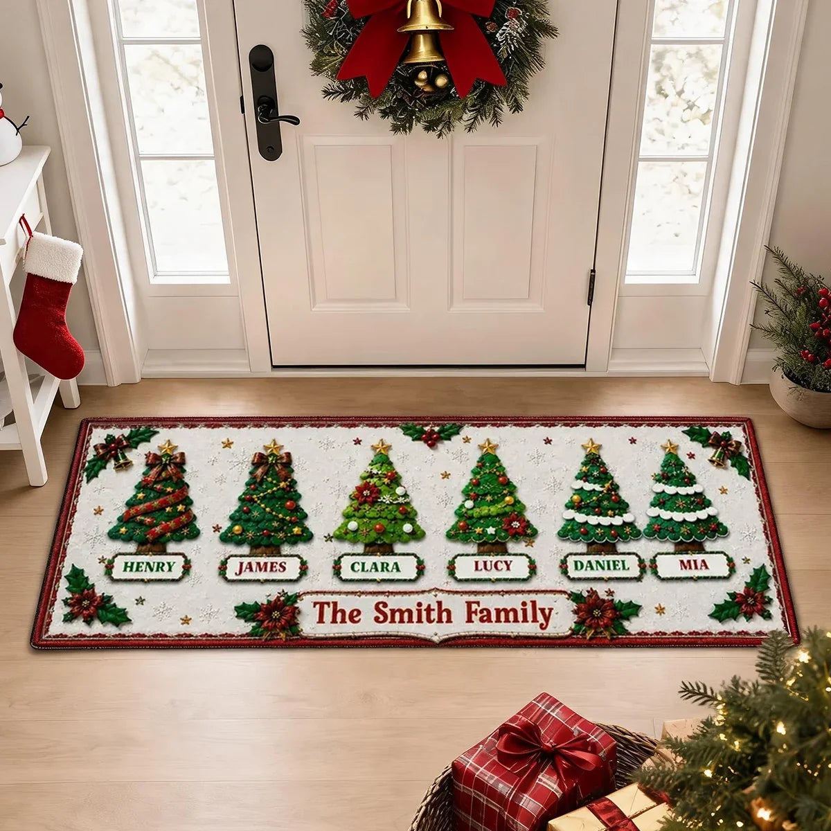 Personalized Christmas Tree Doormat Unique Family Gift Red Green