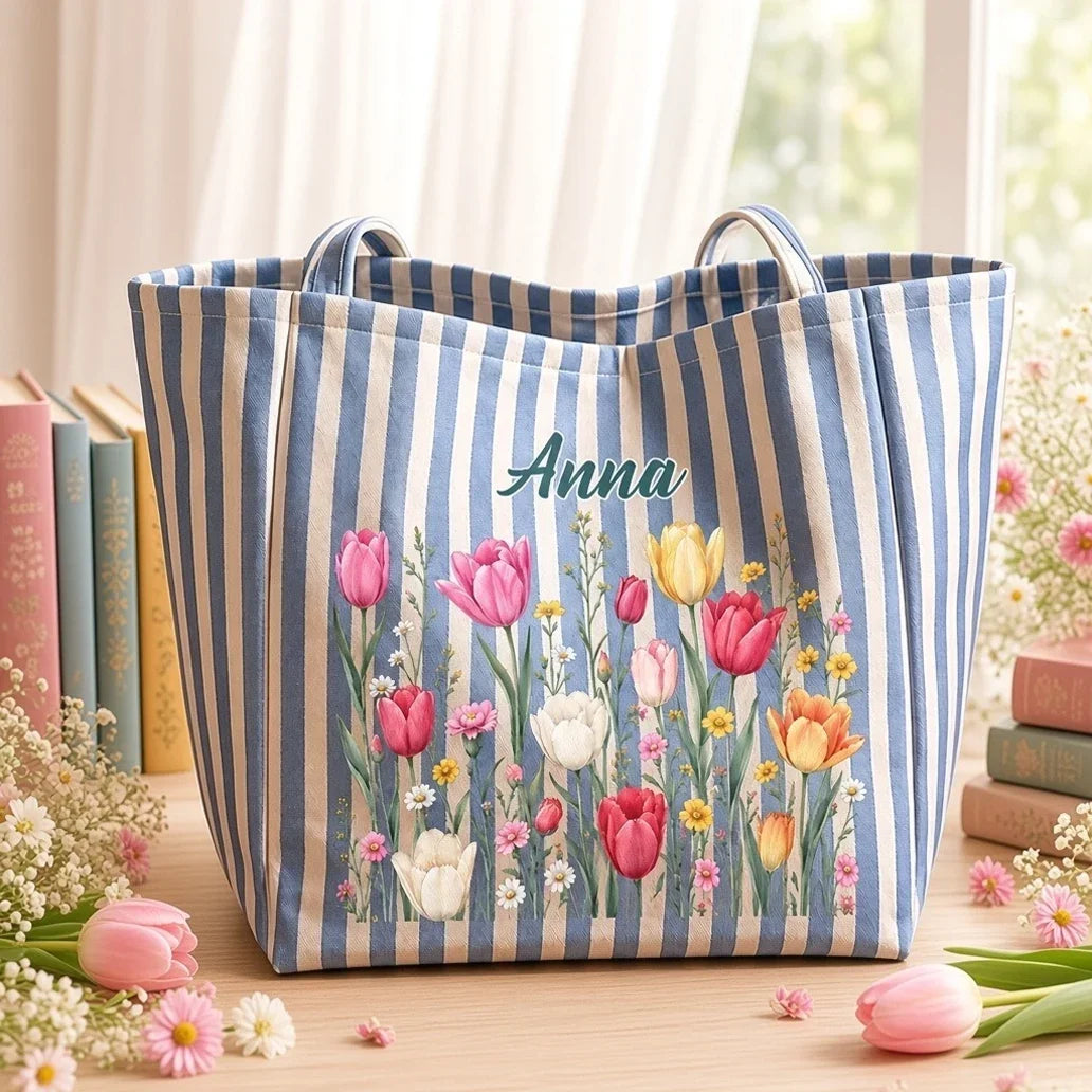 Personalized Striped Tote Bag with Colorful Floral Design Gift for Teacher or Friend