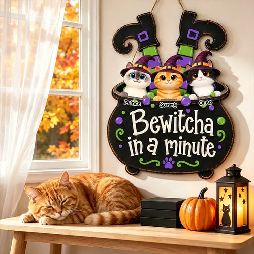 Personalized Wooden Halloween Sign Cute Cat Decor Gift Idea