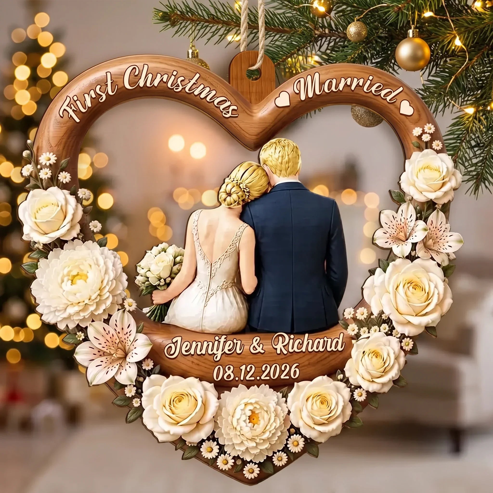 Personalized First Christmas Married Wooden Ornament Newlywed Gift