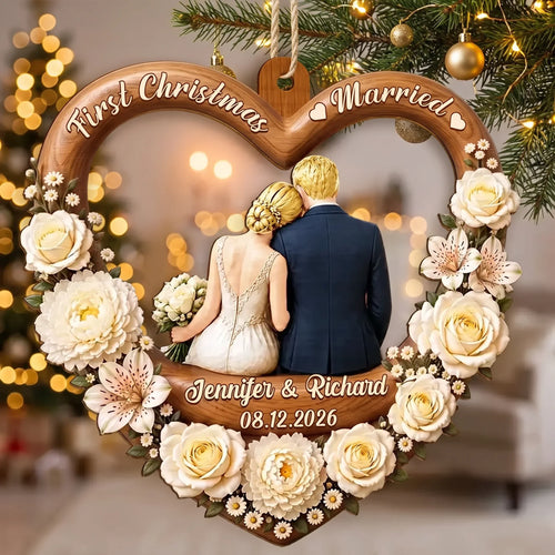 Personalized First Christmas Married Wooden Ornament Newlywed Gift
