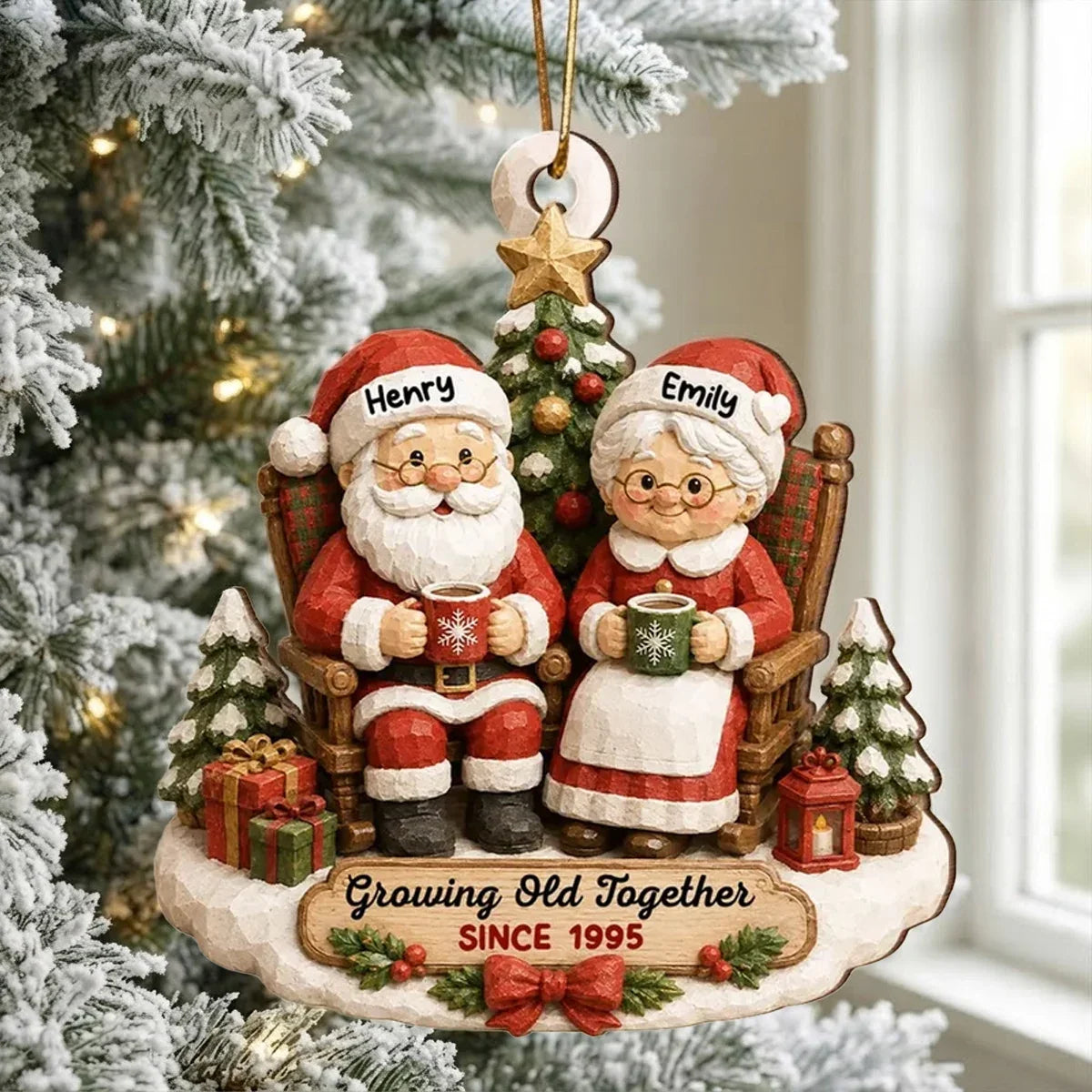 Personalized Wooden Christmas Ornament for Couples with Santa