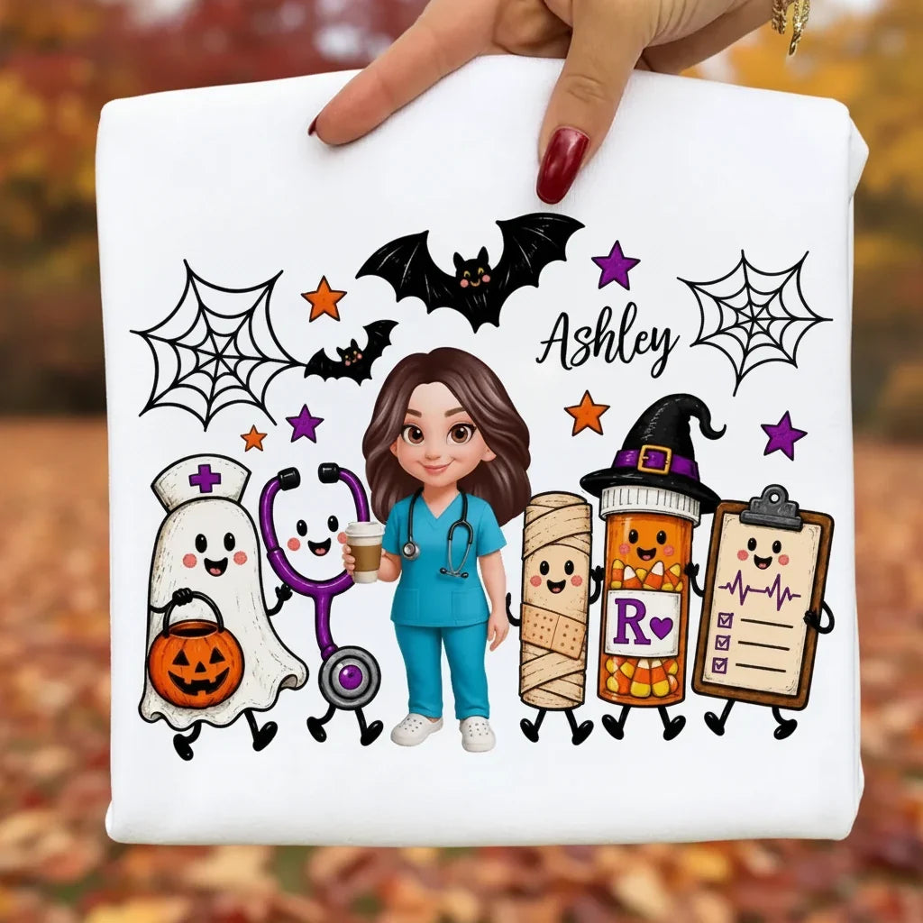 Personalized Halloween Tee Nurse Holding Coffee Gift for Nurse