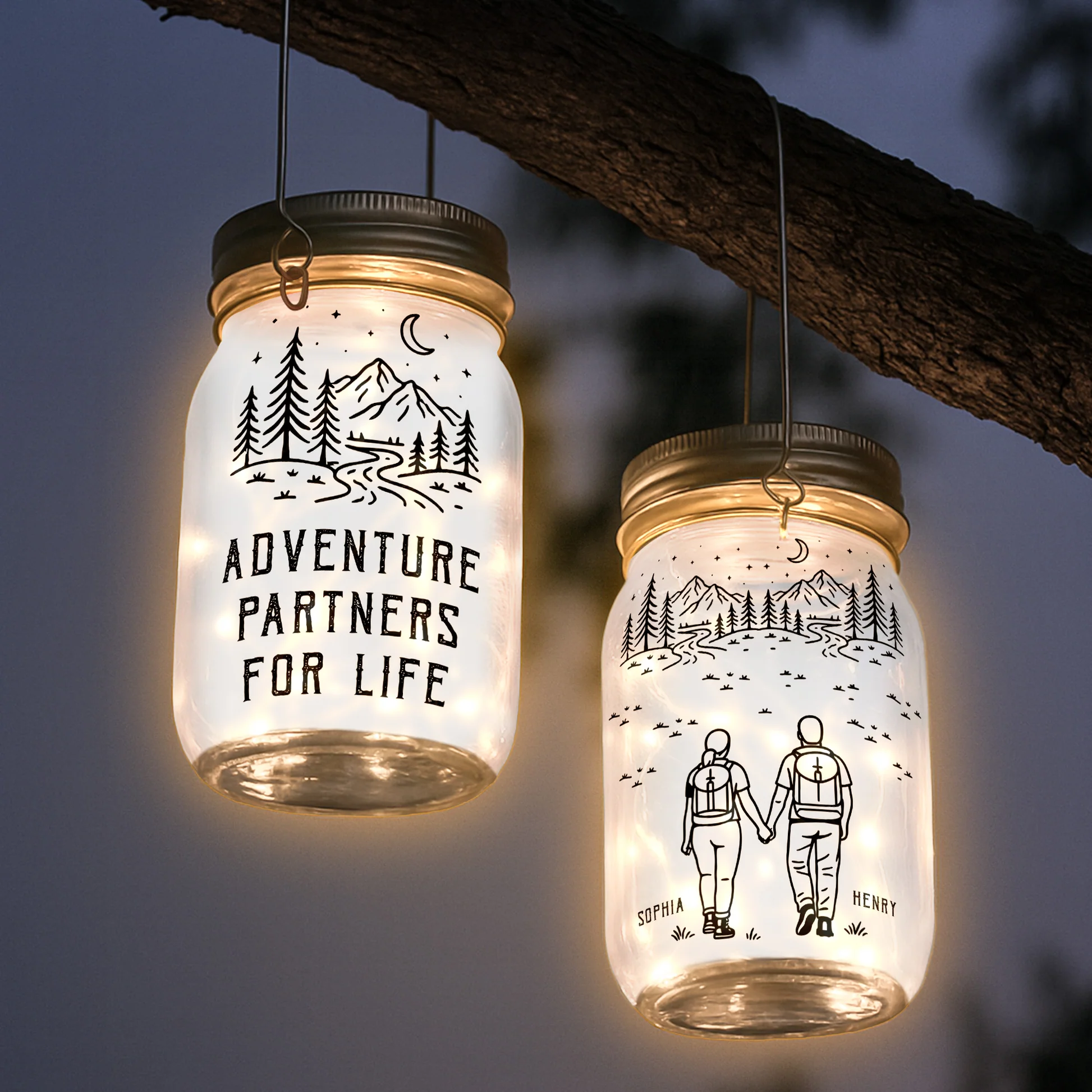 Personalized LED Mason Jar Lantern for Couples - Adventure Partners Gift Lamp MagicInPrints