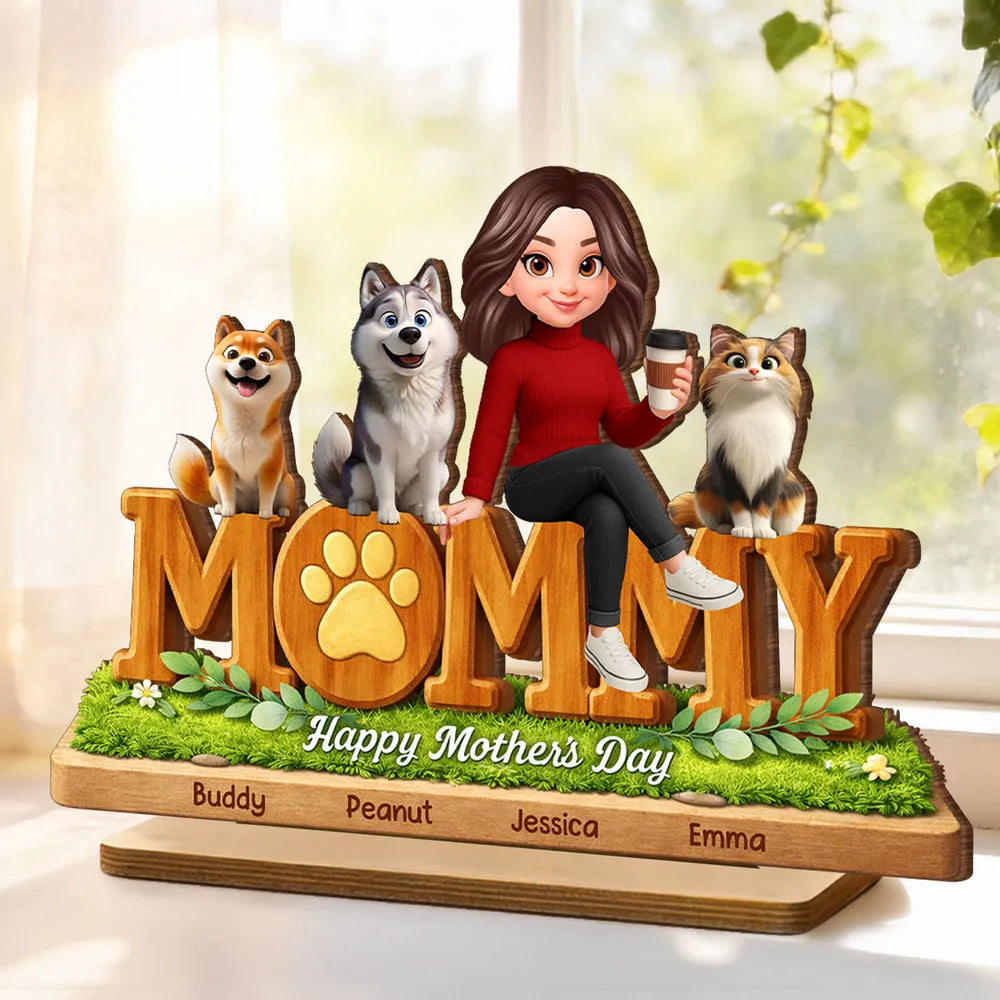 Personalized Mother's Day Wooden Plaque for Moms with Pets - Custom Names Plaque MagicInPrints