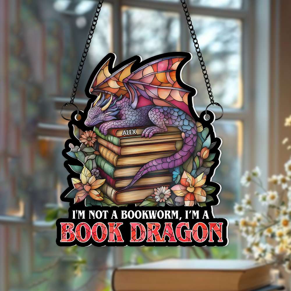 Personalized Book Lover Suncatcher Ornament - Book Dragon Design Ornament PopCulturePrints