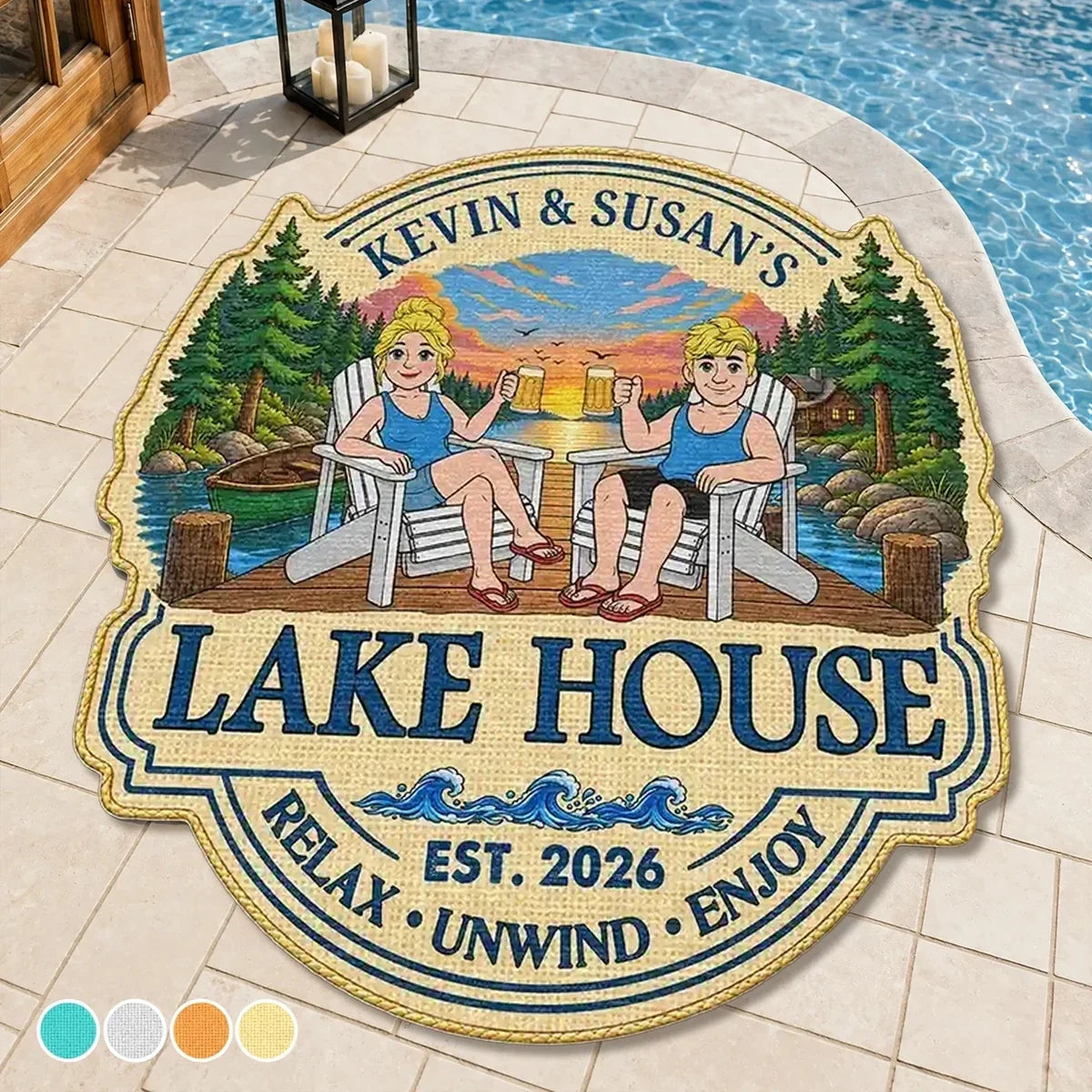 Personalized Shaped Doormat Lakeside Scene Gift for Couples