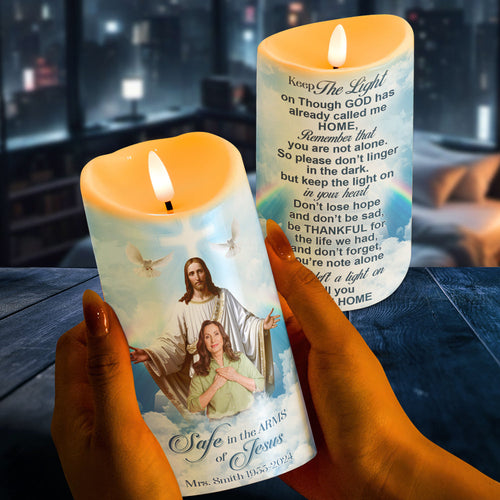 Personalized Safe In The Arms Of Jesus Candle - Custom Photo Memorial Gift Led Candle PopCulturePrints