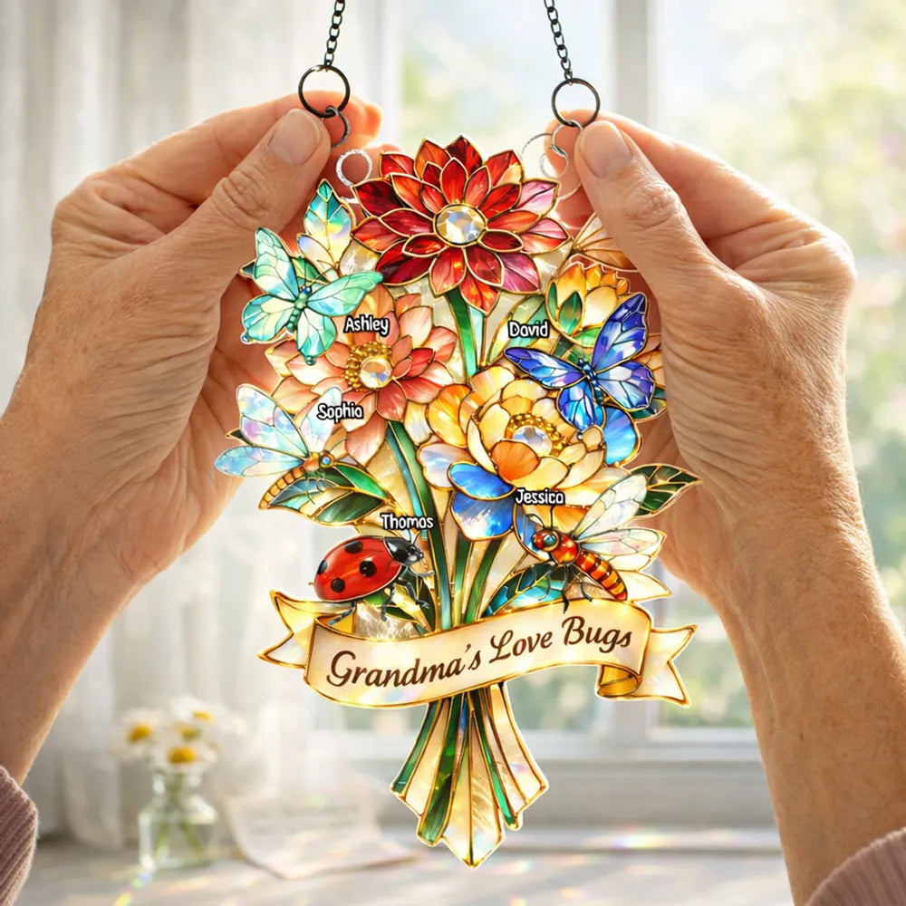Personalized Stained Glass Suncatcher for Grandma - Custom Names Floral Decoration Ornament MagicInPrints